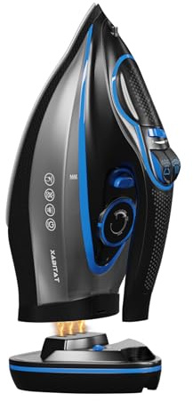 Xabitat Luxury Cordless Iron | 1500W Steam Iron | Anti Drip | Thermal Protection Technology | Nonstick Ceramic Soleplate | 2-in-1 Cord/Cordless (Black + Blue)