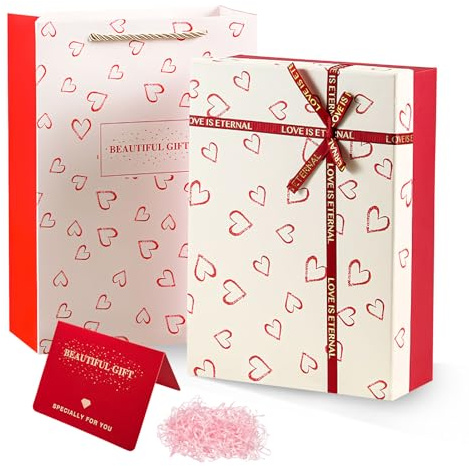 Schleife Geschenkbox mit Deckel, 28 x 20 x 9 cm Geschenkbox mit Schleifen, Grußkarten, Raffia Hamper Shreds, Geschenkverpackung Box mit Band Geschenkkiste für Hochzeit, Geburtstag, Weihnachten (Rot)