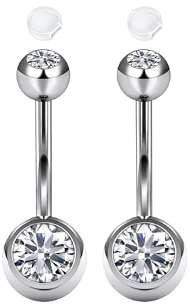 AceFun piercing ombligo acero quirurgico plata 14G plata para mujer Clicker pequeño corto 12mm con 2 tapas antideslizantes silicona con circonitas transparentes Anillos curvados Joyas Barbell