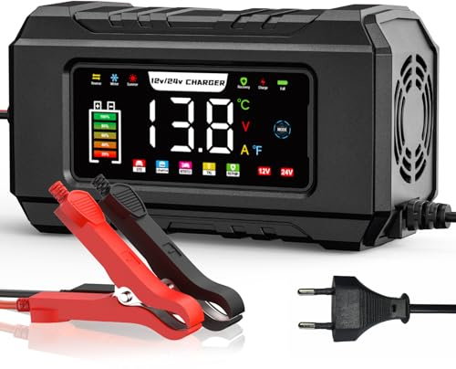15 A billaddare, 12 V/24 V smart helautomatisk batteriladdare//Underhåll med temperaturkompensation för bil, motorcykel, SUV, litiumbatterier och AGM (15 A-svart)