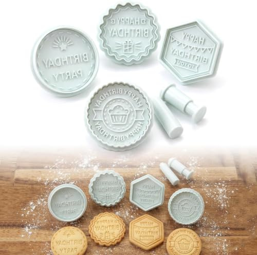 Timbro per fondente con scritta Happy Birthday, 4 pezzi, per glassa, biscotti, cupcake, con taglierina, in PLA per uso alimentare, per decorazione torte di compleanno