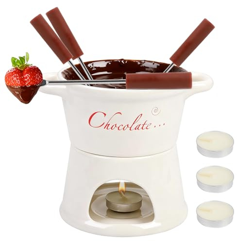 Chokladfondue-kopp, 300 ml keramisk chokladfondue-kopp, chokladfondue gryta set med gaffel och värmeljus, choklad fondue-mugg set, keramik smörvärmare gryta set för dessert, födelsedagsfirande