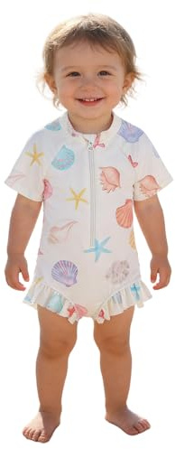 Generisch Traje de baño de verano para bebé niña con estampado floral con cremallera Rashguard manga larga y gorro de natación, Blanco, 2-3 años