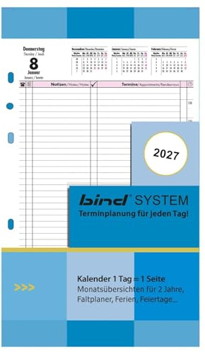 BIND B550327 - Inserto per calendario giornaliero A5, inserto timer per calendario anno 2027, 1 giorno/1 pagina, calendario con sistema, calendario per pianificatore di sistema Bind e planner standard