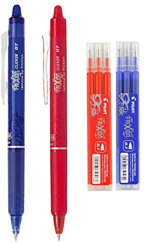 Pilot FriXion Ball Clicker - Tintenroller mit Knopf mit radierbarer Geltinte, Blau (Set mit blauem Stift, roter Stift, 3 blaue Minen, 3 Nachfüllminen Rot)