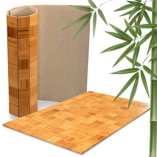 DE-COmmerce rutschfeste Badematte aus Bambus I Fussmatte Badteppich Bambusmatte Duschmatte Badezimmermatte Bamboo Badematte mit Anti-rutsch Rückseite I Badvorleger KARO Nature 50 x 80 cm