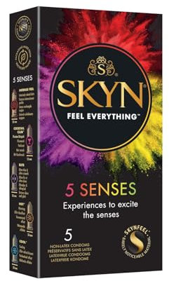Skyn 5 Senses : Lot de 5 Préservatifs sans latex Skynfeel pour Homme / 5 Types de Sensations: 1X Intensément Perlé, 1X Saveur Cocktail, 1X Elite (Ultra Fin), 1X Chauffant, 1X Rafraichissant, 5 Unité