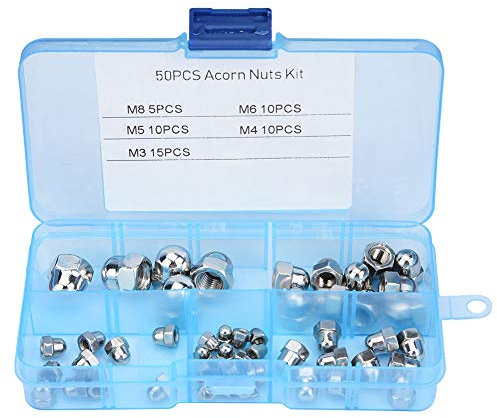 Akozon Dome Cap Nut, 50pcs Acorn Nuts Dome Cap Nuts M3/M4/M5/M6/M8 Acorn Nut Kit Stainless Steel Dome Head Cap Hex Nuts