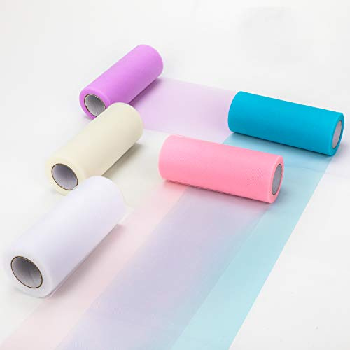 HOWAF 5 Rolle Tüll Stoff Tischläufer Tischband Tüllnetz Dekoration Hochzeit Tischedeko Tüllband Floristik Bankett Deko Handwerk 15cm x 22.5m je Rolle in Pink Blau Weiß lila Elfenbein