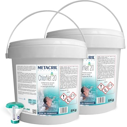 METACRIL Chlor Net 20 pastiglie da 20gr + Dosatore Galleggiante -(5+5) 10KG | Cloro per la manutenzione dell'acqua di Piscina e Idromassaggio