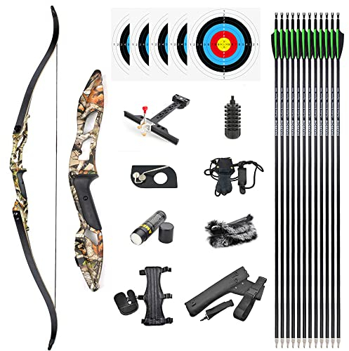 SHARROW 30-50lbs Bogenschießen Takedown Recurve Bogen und Pfeile Set 56 Zoll Jagdbogen Erwachsene Bogen Aluminiumlegierung Riser Rechte Hand Bogen mit 6pcs Carbonpfeile (Camo, 35lbs)
