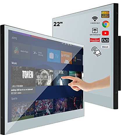 22 Inch Smart Mirror TV, IP65 Waterproof LED TV for Bathrooms and Hotels | 1080P Full HD Android 14 Smart TV with Touchscreen, Bluetooth, Wi-Fi, Built-in Speakers, Wall or Recessed Installation