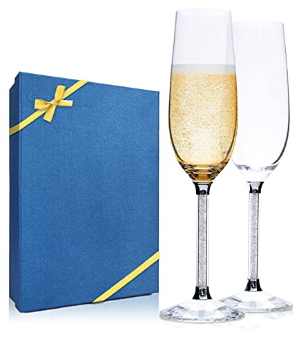 BSOMAM Champagne Glass Set of 2, 220ml Goblet Hand Blown Crystal Champagne Flutes with Premium Gift Box, Gift for Wedding, Anniversary, Christmas, Birthday