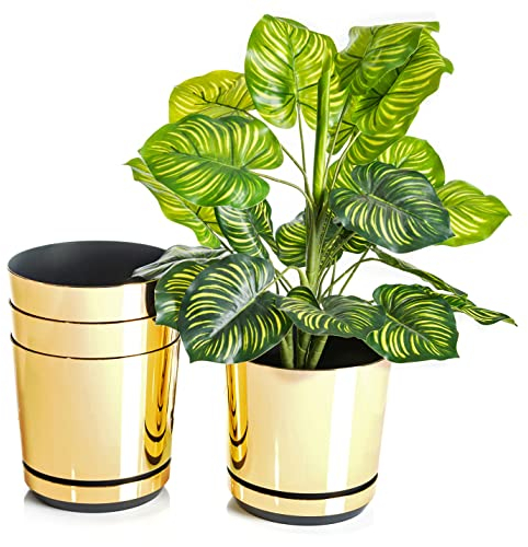 KORAD Conjunto de 4 macetas con Plato de 16 cm de diámetro, Modelo 011 - Oro Brillante; Moderno, Alto Brillo, Estilo clásico, rústico, Loft, para Plantas, Hierbas, Flores y composiciones Vegetales.