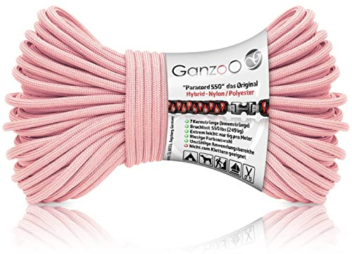 Ganzoo Paracord 550 4 mm typ 3 hybridrep, babypink, 30 m, nylon polyester med 7 innersträngar och 32 flätad ytterkappa för armband, hundkoppel, hundhalsband, camping, friluftsliv, DIY