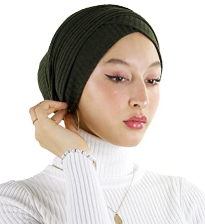 Turban hijab en maille cousu 100% coton pour femme musulmane (Vert Militaire)