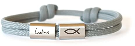 Surfer Armband Kommunion mit Fisch Symbol und persönlicher Namensgravur Konfirmation Kommunion Taufe Mädchen Jungs Edelstahl
