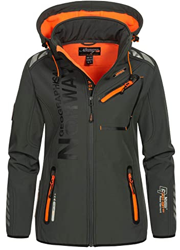 Geographical Norway Reine Lady - Chaqueta Softshell Mujer Impermeable Capucha - Abrigo Polar Cortavientos - Cazadore Aire Libre Deporte Esquí Invierno Primavera (Gris Oscuro Naranja S)