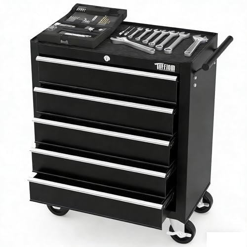 TUFFIOM 5-Drawer Rolling Tool Chest w/Drawers & Lock, Tool Storage Cabinet with Lockable Wheels, Top Cushion & Drawer Liners, Tool Organizer Box for Garage, Warehouse & Repair Sho