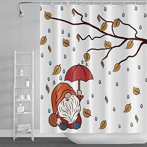 Ttincceer 152x183cm Divertido GNOME Cortina de Ducha Impermeable de Dibujos Animados Lluvia Enano Paraguas Cortina de baño Acuarela Tronco Hojas caídas Cortinas de Ducha Lavable bañera Cortina