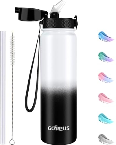 GOPPUS 1L/32oz Stainless Water Bottle with Straw Double Wall Insulated Bottles with Strap Reusable Vacuum Thermal Flask Leakproof Keep Cold Drinks Bottles with Flip Top Lid for Gym Men Women BPA Free