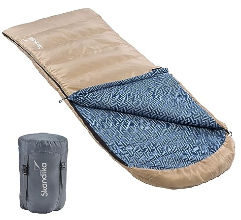 Skandika Deckenschlafsack Dundee Flanell | Baumwolle, Luxus-Qualität, koppelbar, Doppelschlafsack, bis -20°C, 220 x 80 cm/ 220 x 160 cm | Outdoor Camping Schlafsack (Beige/H'blau RV Links)