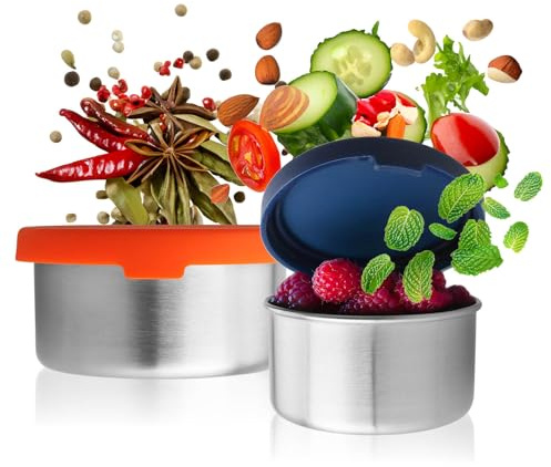 Robin Goods® Juego de latas de acero inoxidable de 4 piezas con tapa de silicona - cuencos pequeños en 2 tamaños - latas de metal multifuncionales - cuencos para salsa (2 piezas - pequeñas)