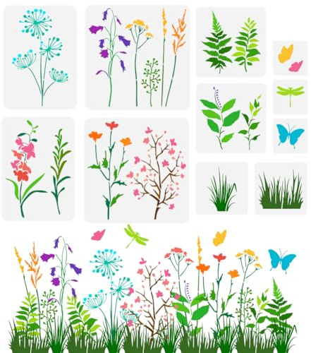 FINGERINSPIRE 11 Stück Wildblumen Schablonen Zum Malen Wiederverwendbare Blühende Sträucher Schablone Grasblatt Schmetterlings Libellen Muster Schablone Bastelschablone Zum Malen Auf Wand