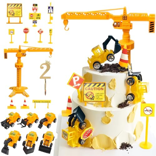 Teselife Tortendeko Baustelle 2 Jahre, Bagger Kuchendeko 2. Geburtstag Junge, Verkehrsschilder Torte Kuchen Deko Cake Topper, Miniatur Baustelle Wichtel Spielzeug Geburtstagsdeko für Kinder Junge