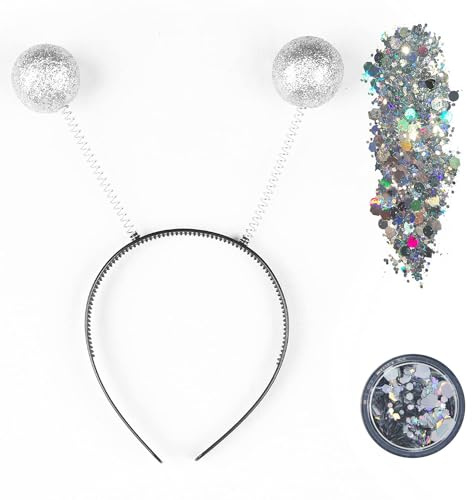 AKSXU Alien Haarreif Silber, Alien Kostüm Damen Herren mit Glitzer Kugeln Haarreif Galaxy Holographic Glitter, Space Haarreifen Fasching Kopfschmuck Karneval Halloween Kostüm Accessoires