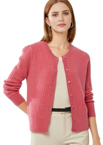 PHYLIN LEAF 100% Cashmere Women's Cable Knit Cardigan Sweater Long Sleeve Crew Neck Warm Button Down (Large, Rose Pink)