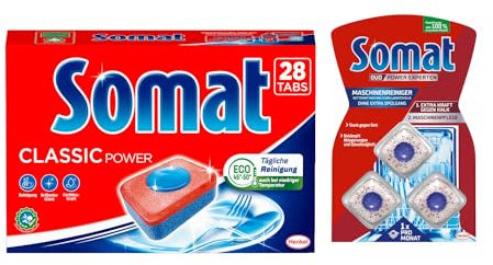 SOMAT Tabs 28 AW Classic Power, Geschirrspül Tabs mit Fettlösekraft für kraftvolle Reinigung, Spültabs für strahlend sauberes Geschirr + Somat Duo Power Experten 3 AW Maschinenreiniger 57g