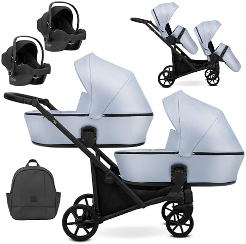 Cochecito gemelar Kunert Brav Duo BBtwin 3en1 polipiel carro doble trio eco-cuero tres piezas para gemelos (light blue)