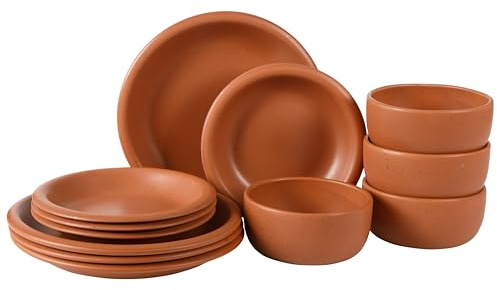 Bloomhouse Corsica Clay 12 Piece Stoneware Rustic Reactive Glaze Dinnerware Set - Stackable Plates and Bowls Set. Service for 4 - Matte Burnt Apricot Terracotta