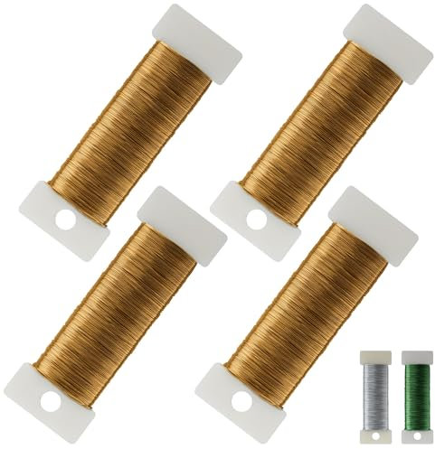 4 Stück Basteldraht Dünn Gold 0,35mm X 50m, Wire aus Robustem Verzinktem Eisen, Bricht Nicht Leicht Und Rostet Nicht, Blumendraht Für Floristik Schmuckherstellung Bastelarbeiten