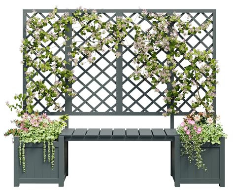 Jardinière Exterieur avec Treillis et Siège, Comme Aide à L'escalade, Pot de Fleurs avec Beaucoup D'espace, Bois de Sapin Massif, Jardinière Brise Vue, pour Terrasse de Jardin, Marron Foncé/Gris