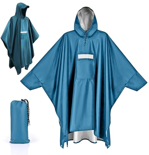 Apritsce regnponcho för vuxna, regnjackor vattentät med huva fickor reflekterande remsor, 3-i-1 multifunktionell lätt regnponcho för utomhus camping vandring fiske, blå, Einheitsgröße