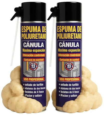 TECHZOCO Espuma de poliuretano, poliuretano con Cánula, Espuma expansible, De alta expansión, Apto para fijar, rellenar y aislar frente a ruidos, frío y corrientes de aire, Contiene 750 ml, 2 botes