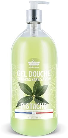 Gel Douche 1L Pistache Les Petits Bains de Provence - Format Familial | Surgras Sans Savon | Extrait Bio de Pistache | Visage Corps Cheveux | Made in France Provence | Testé Dermatologiquement