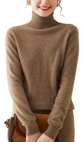 WEWE Pull Cachemire Femme Col Roulé Ajusté,Marron,42