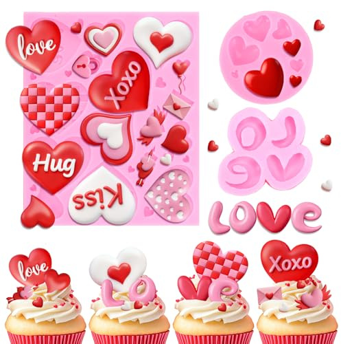 FYSUIMU Valentine's Day Pink Fondant Molds Love Heart Shaped Mixed Size Silicone Baking Mould for Handmade DIY Candy Chocolate Ice Cube Cookie Party Decor Supplies, 3 Pcs