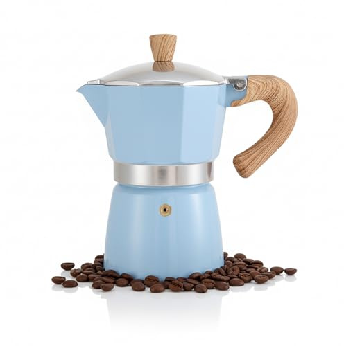 Espressokanne（300ml）Aluminium Mokkakanne，Espresso Kaffeekanne zur Zubereitung von Italienischen Espresso I Geeignet für Keramikherd Elektroherd GasGeeignet für Keramikherd Elektroherd Gas (Hellblau)