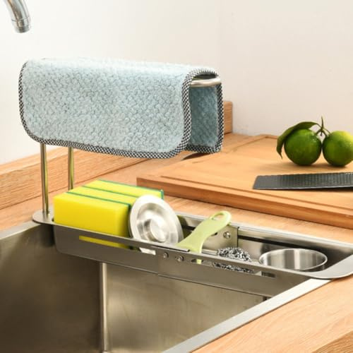 Gettimore Scaffale telescopico per lavello da cucina in acciaio inox, con lunghezza regolabile da 37 a 43 cm, scolapiatti ventilato per spugne, spazzole, sapone e asciugamani, multiuso per la pulizia
