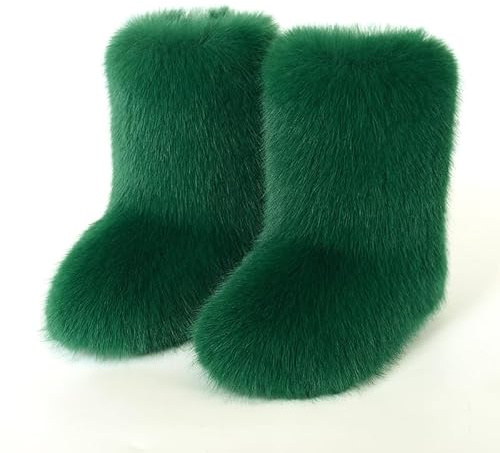 Pälsiga stövlar för kvinnor, fluffiga snöboots, konstpäls färgglada med rund tå, vattentåliga flats med gummisula för tjejer, utomhus, jul, mode, festgåvor green European-size-39⅓