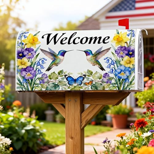 Fundas magnéticas para buzón, diseño de colibrí, diseño floral, mariposa, narciso, primavera, azul, para decoración de jardín, patio, 45,7 x 53,3 cm