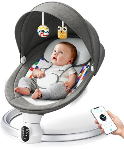Helangel Babywippe, Babyschaukel Elektrisch mit Kabel und mit Bluetooth, Elektronisch Baby Schaukelsitz Babywippe und Liegestuhl für Kinder bis 9 kg, 3 Timer-Modi, Dunkelgrau (Grau)