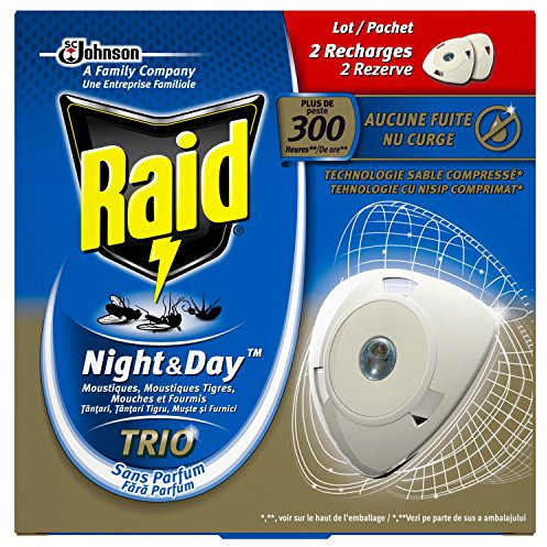Raid Recharges pour Diffuseur Électrique à Sable Compressé, Anti-Moustiques, Moustiques Tigres, Mouches et Fourmis, Night & Day Trio, Insecticide, Lot de 3