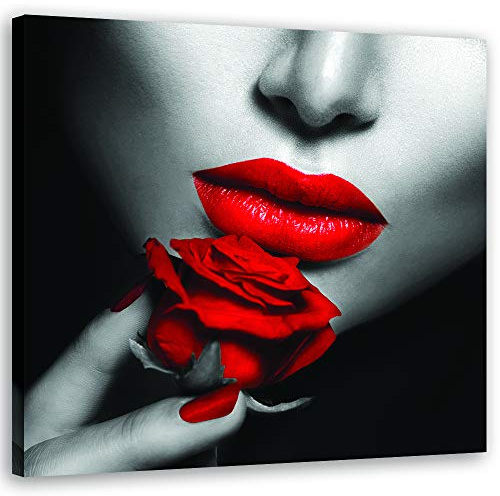 Feeby Bild auf Leinwand Glamour Sexy Mund Kunstdruck modern Frau Rot Rose 60x60 cm