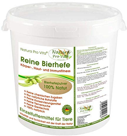 Natura Pro Vita Bierhefe Pferd Biotinkur Naturprodukt reich an Vitaminen Mineralien Aminosäuren gut für Verdauung, Darmflora, Immunsystem, schöne Haut, Fellglanz, reines Bierhefepulver 5kg Eimer