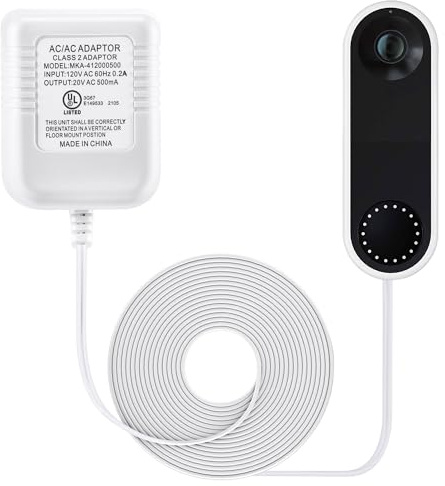 16-24 Volt Transformer, Compatible with Arlo Video Doorbell C Wire Power Adapter, Certified 20VAC 500mA Transformer 5m Cable Supply Power Compatible with Arlo HD Audio Bell | Safe and Stable Power, Low-Battery Solution, Wide Compatibility, Plug-In Installation, Non-Polar Connection, 50 Cable Clips